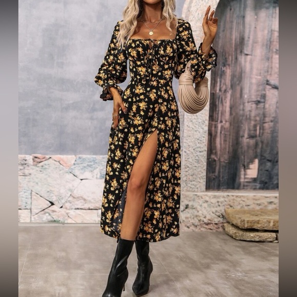 Boho floral print square neck slit thigh maxi dress - Picture 6 of 13